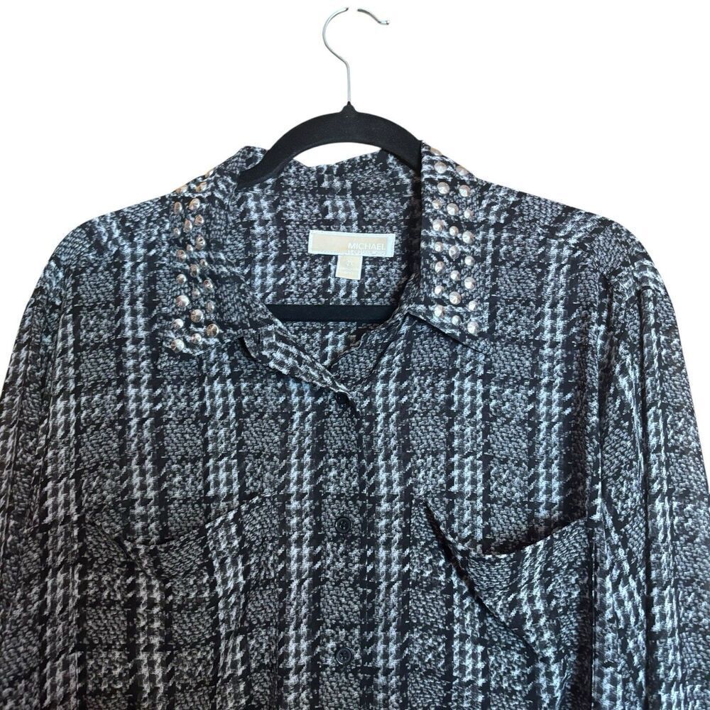 Michael Kors Top Women 2X Multicolor Houndstooth Button Up Shirt Collared Blouse - Picture 2 of 9